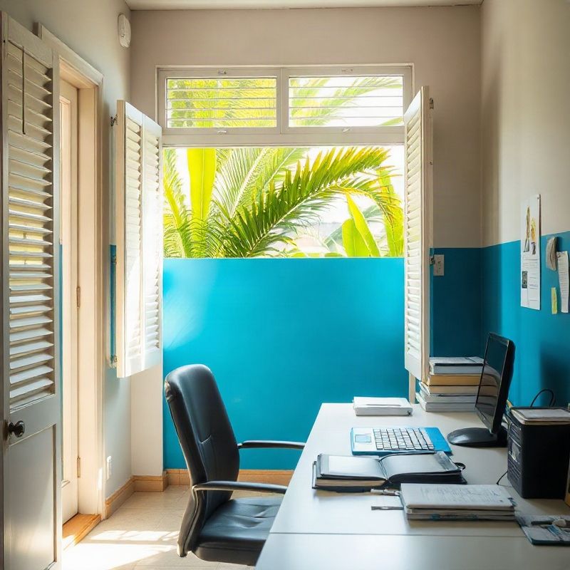Interior de workspace profissional em Recife com detalhes em azul
